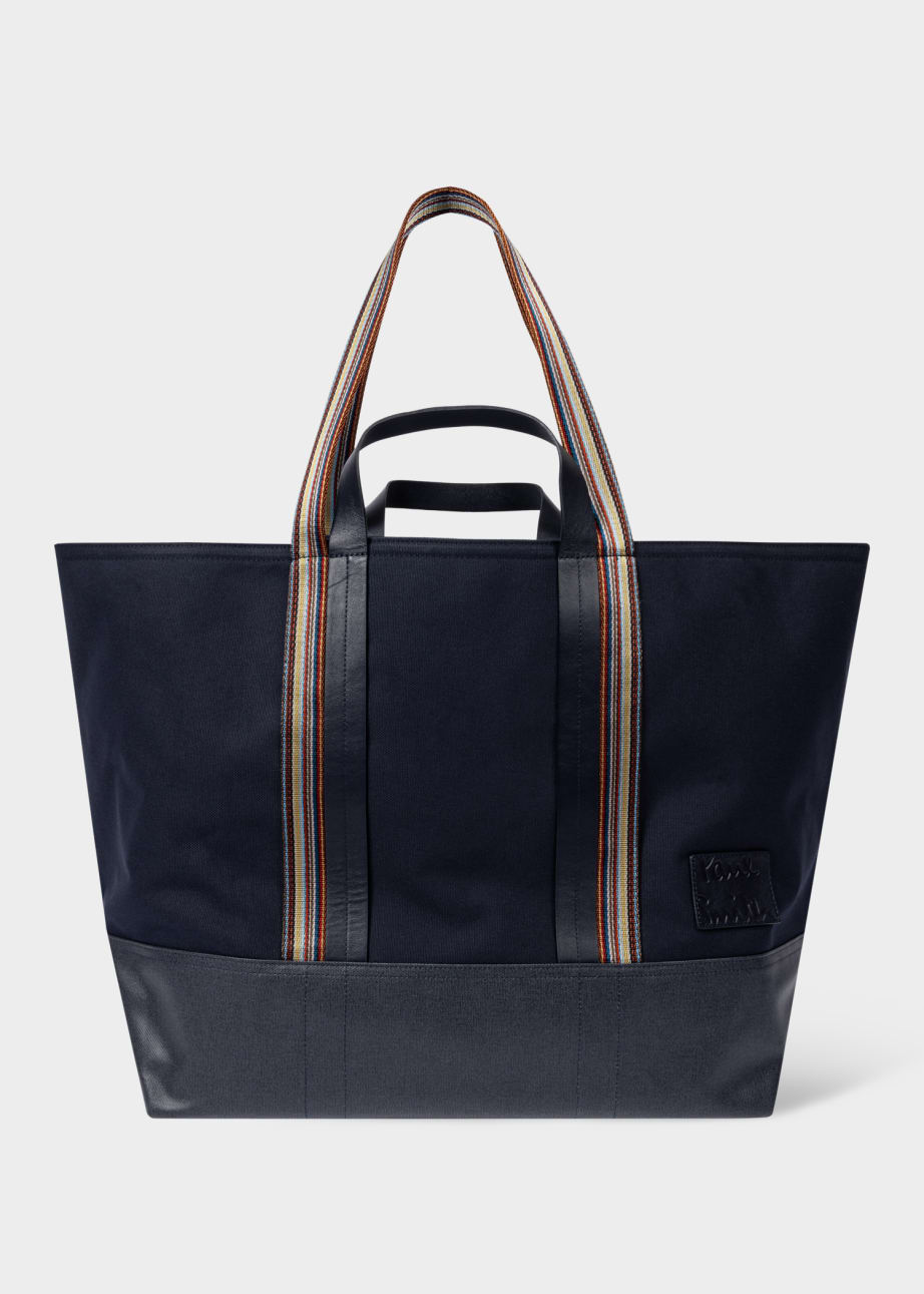 Front View - Navy Canvas Tote Bag with 'Signature Stripe' Straps Paul Smith