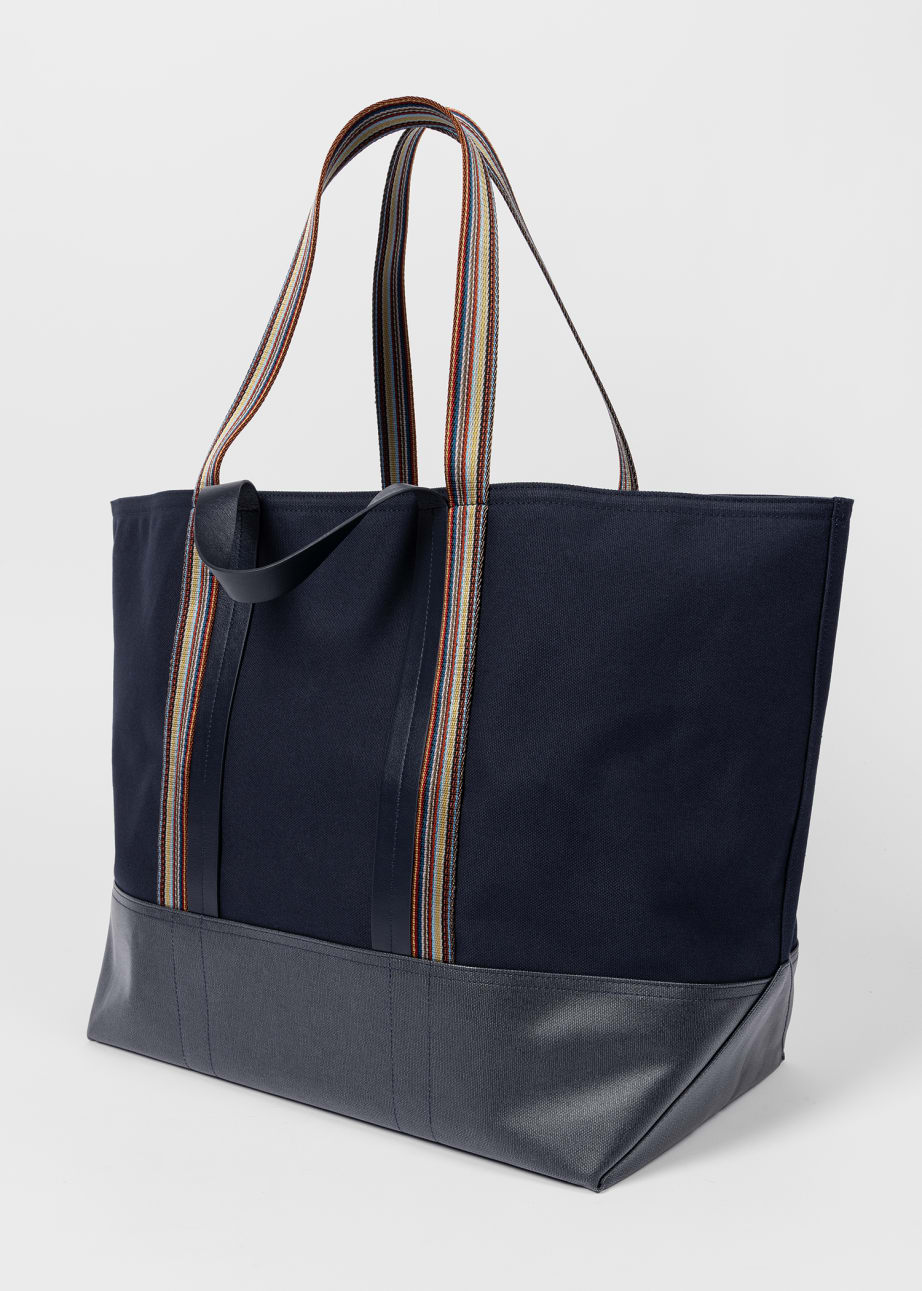 Side View - Navy Canvas Tote Bag with 'Signature Stripe' Straps Paul Smith