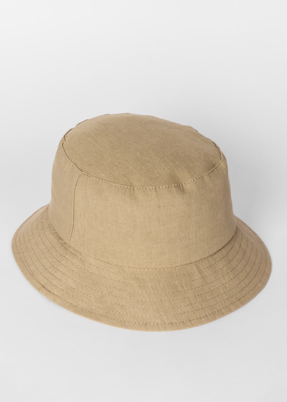 Front View - Khaki Linen 'Signature Stripe' Trim Bucket Hat Paul Smith