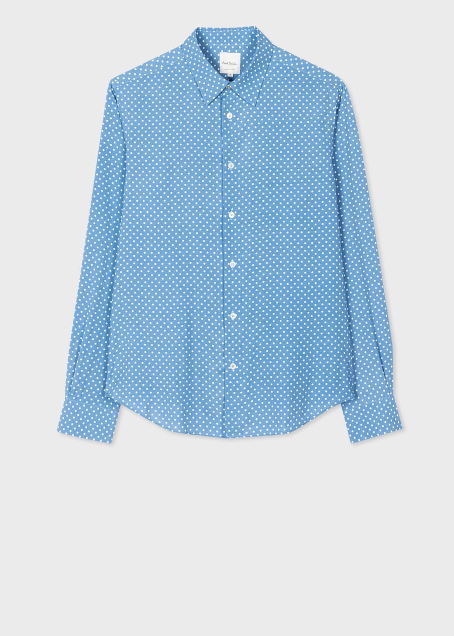 Front View - Slim-Fit Blue Polka Dot Viscose Shirt Paul Smith