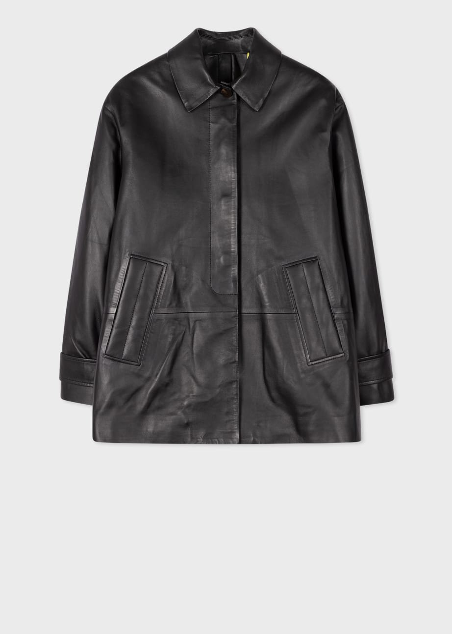 Front View - Women's Black Leather Swing Jacket With Button Back Paul Smith