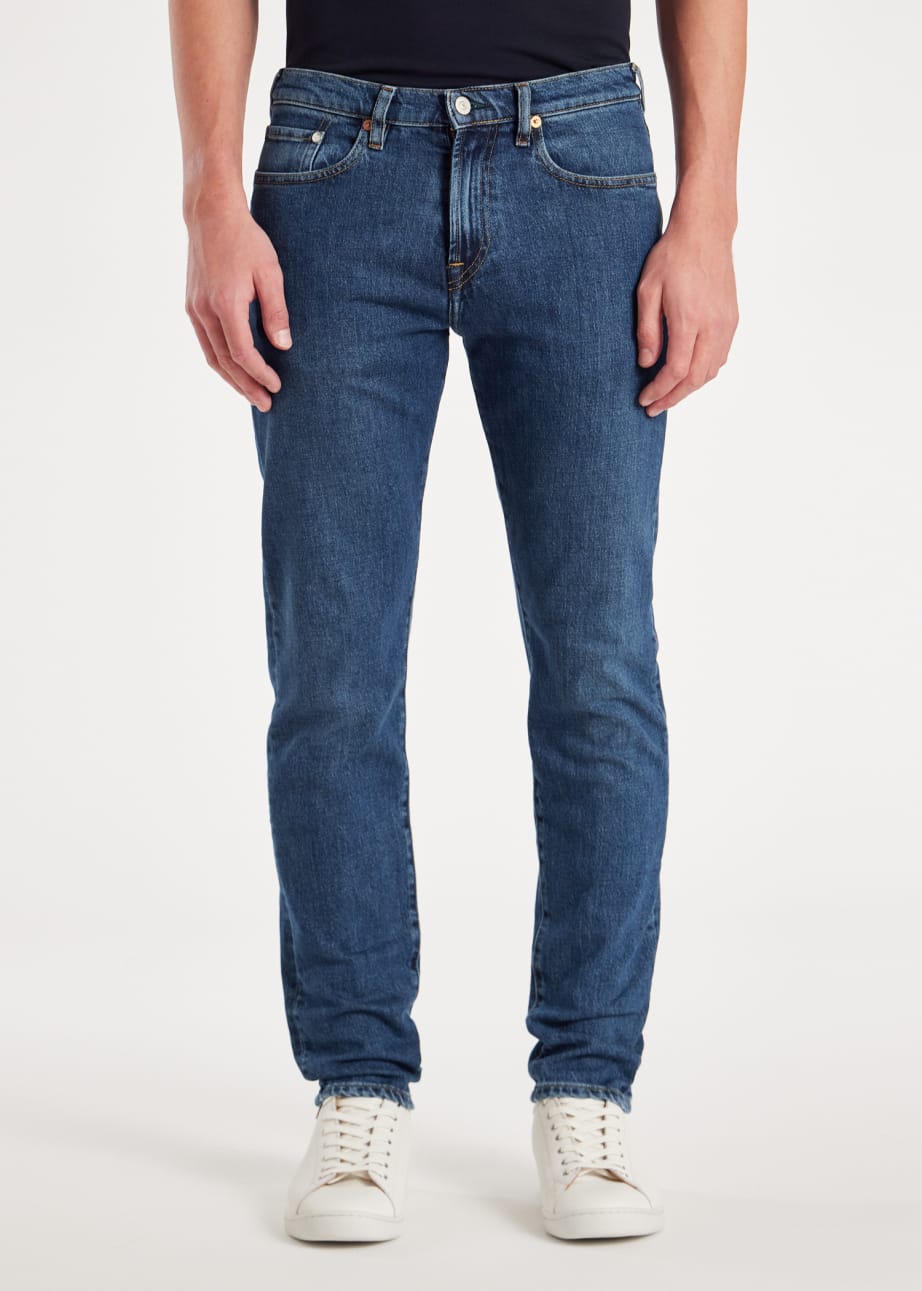 Model View - Tapered-Fit Mid Blue Wash 'Organic Vintage Stretch' Jeans Paul Smith