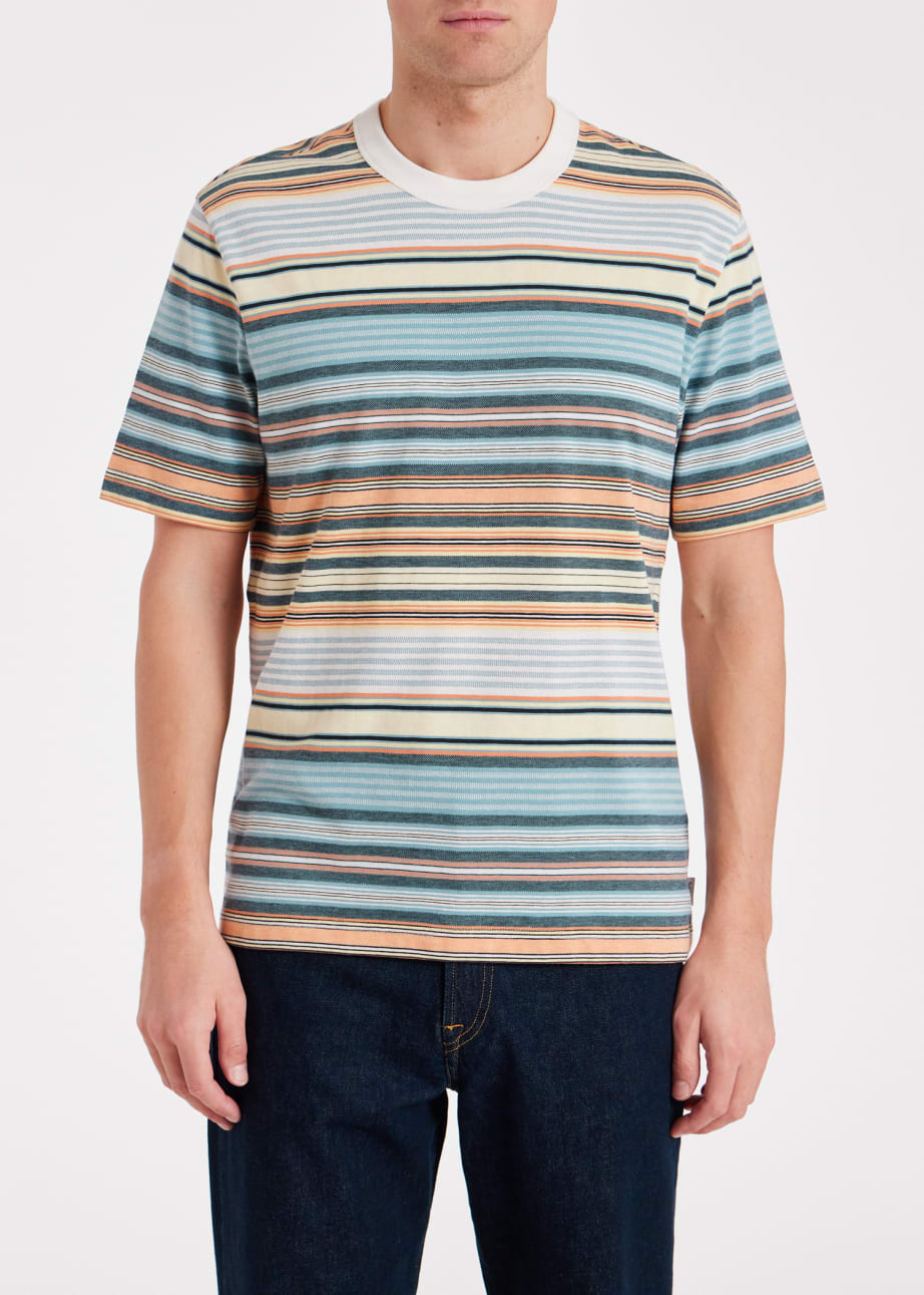 Blue And Orange Multi-Stripe Cotton T-Shirt
