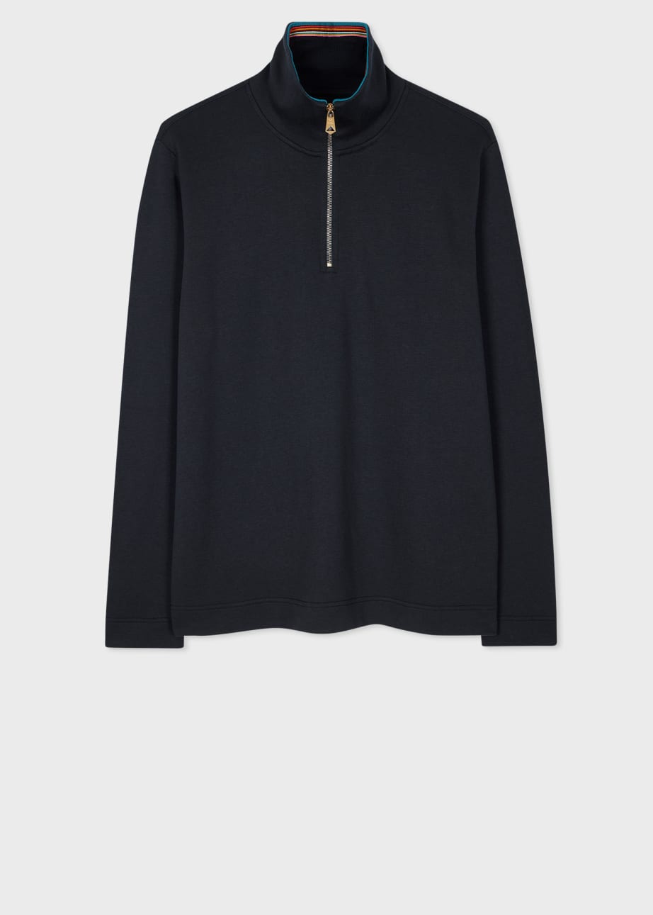 Front View - Navy Cotton-Blend Zip-Neck Sweatshirt Paul Smith