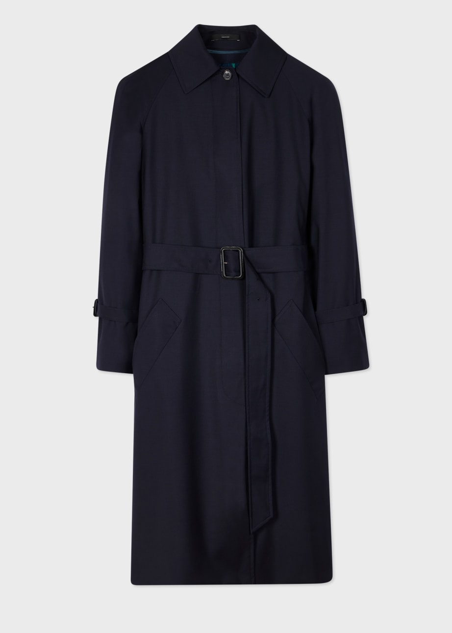 Front View - Women's Navy 'Storm System Wool' Mac With Detachable Liner Paul Smith