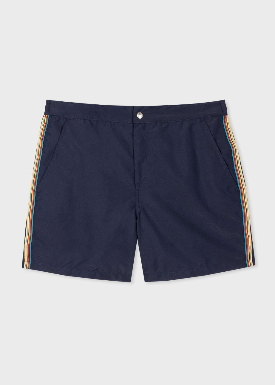 Front View - Navy Recycled-Polyester 'Signature Stripe' Swim Shorts Paul Smith