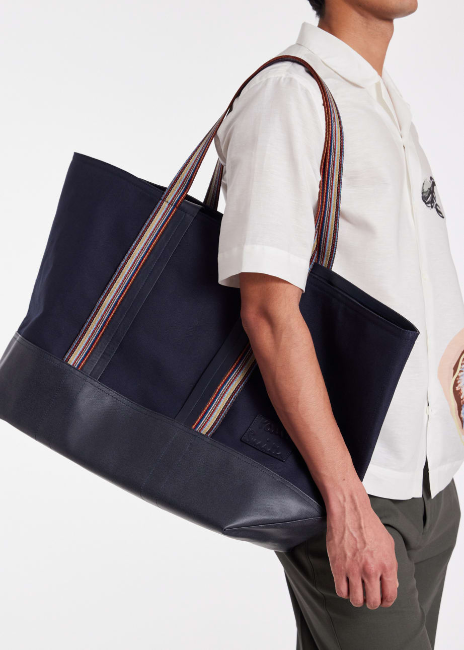 Model View - Navy Canvas Tote Bag with 'Signature Stripe' Straps Paul Smith