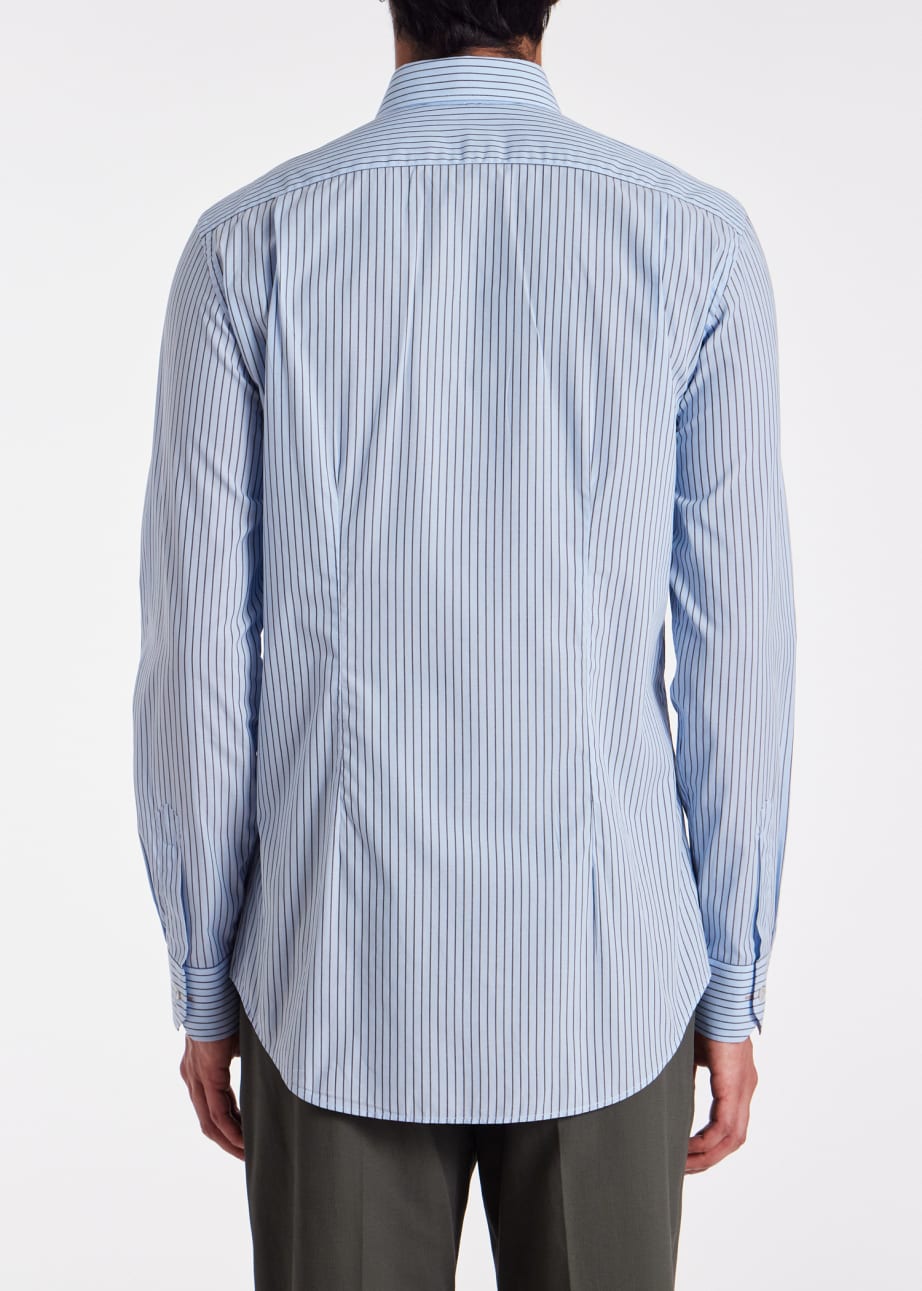 Model View - Men's Tailored-Fit Light Blue Stripe Cotton Shirt by Paul Smith