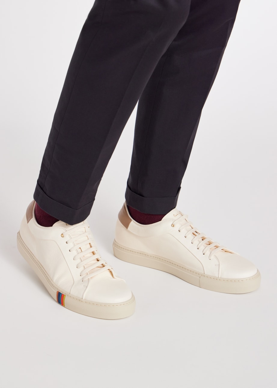 Model View - Cream Leather 'Basso' Trainers with 'Artist Stripe' Trim Paul Smith