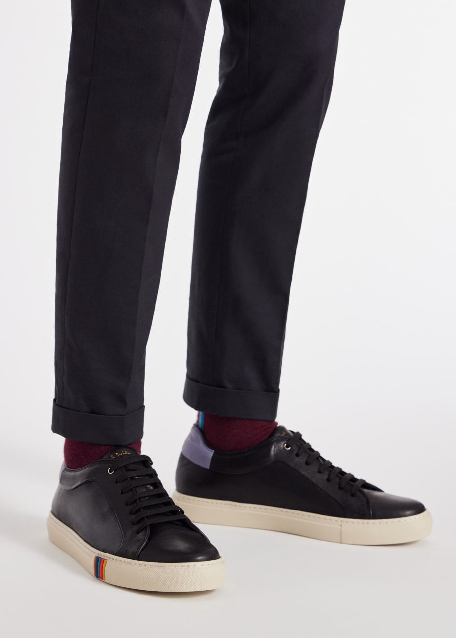 Model View - Black Leather 'Basso' Trainers With Purple Trim Paul Smith