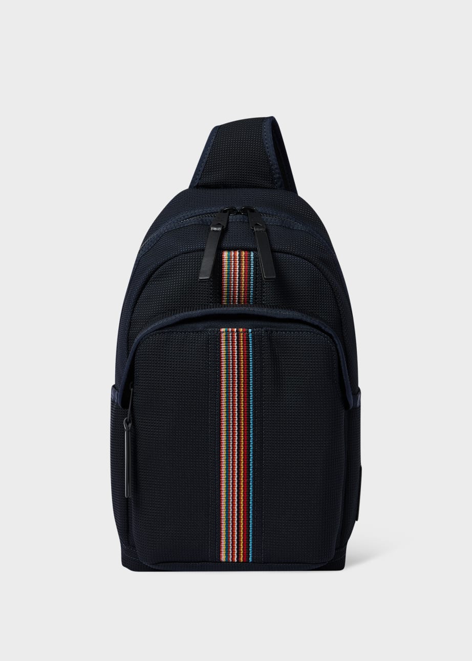 Front View - Navy Canvas 'Signature Stipe' Sling Pack Paul Smith