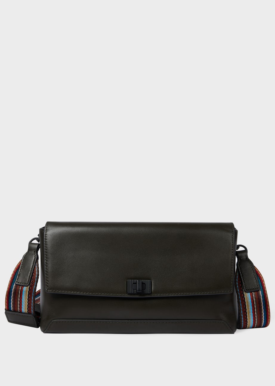 Front View - Dark Green Leather 'Signature Stripe' Strap Cross Body Bag Paul Smith