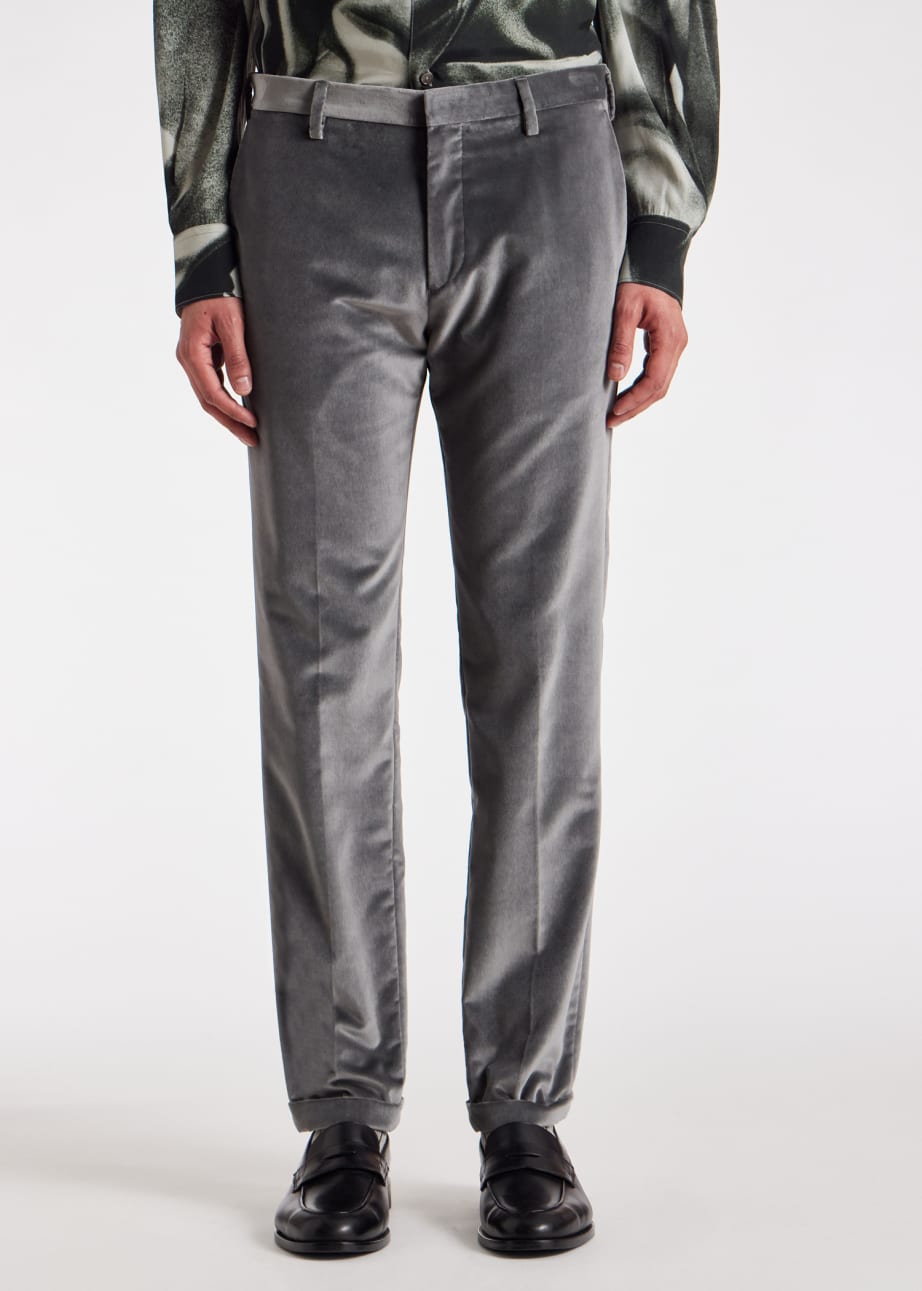 Model View - Front View - Slim-Fit Steel Grey Velvet Trousers Paul Smith 