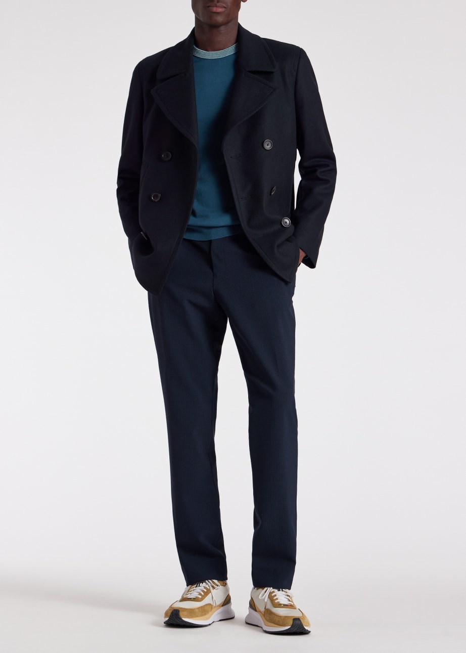 Model View - Mid Blue Contrast-Collar Organic Cotton Sweater by Paul Smith