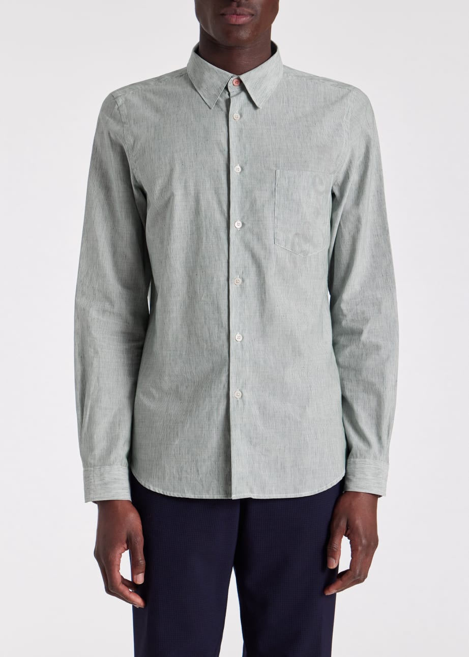 Model View - Tailored-Fit Green Cotton-Linen Fine Stripe Shirt Paul Smith