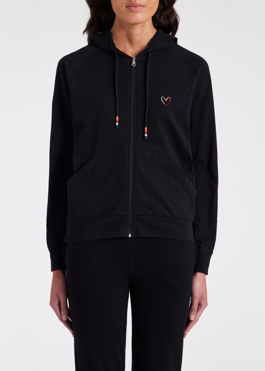 Model View - Women's Black Cotton 'Swirl Heart' Zip Up Lounge Hoodie Paul Smith