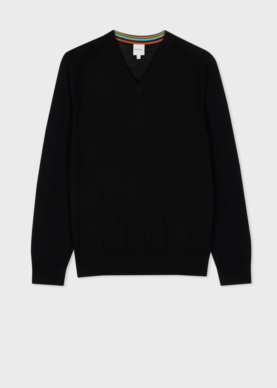 Men s Black Merino Wool V Neck Sweater