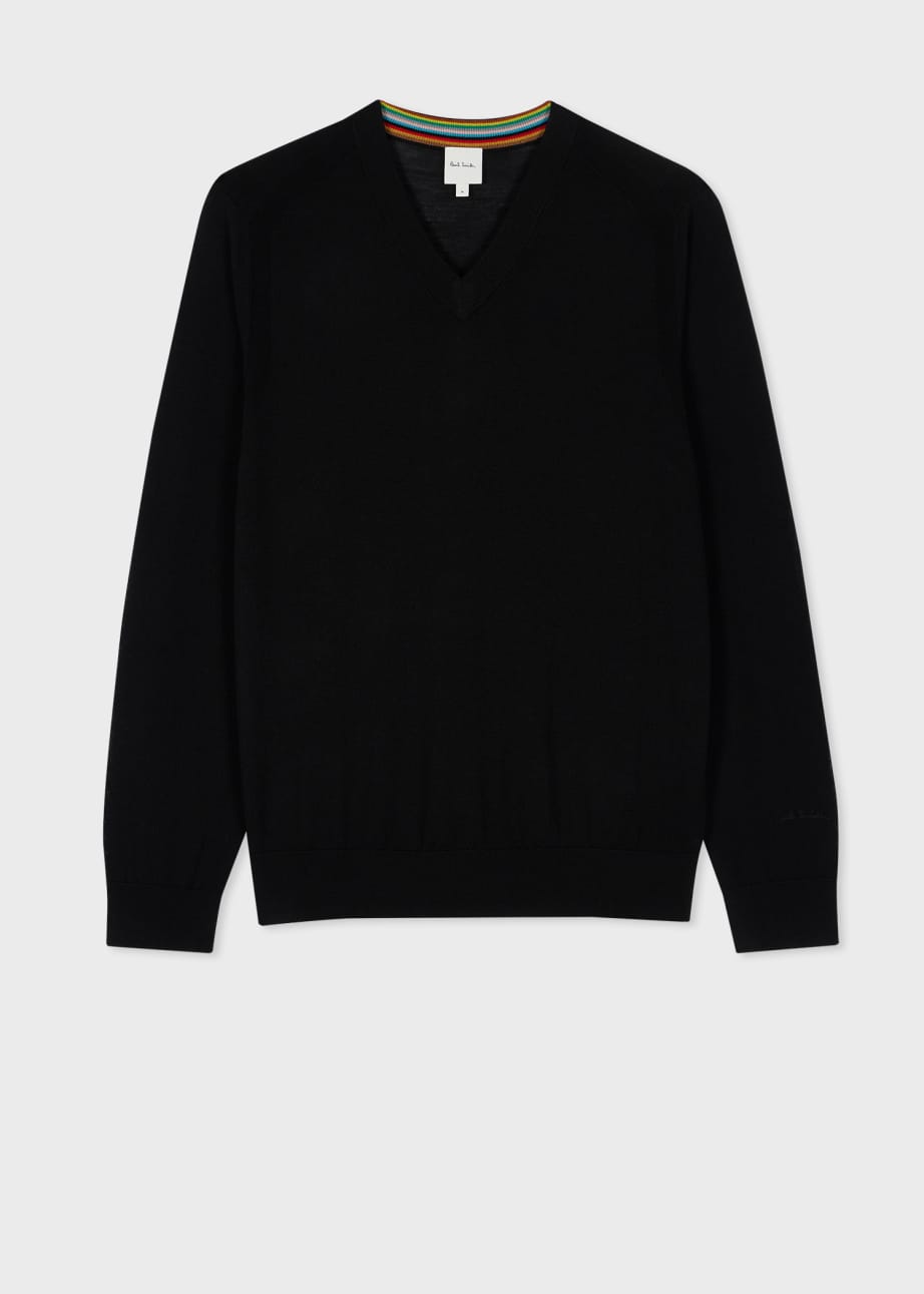 Product View - Black Merino Wool V-Neck Sweater by Paul Smith