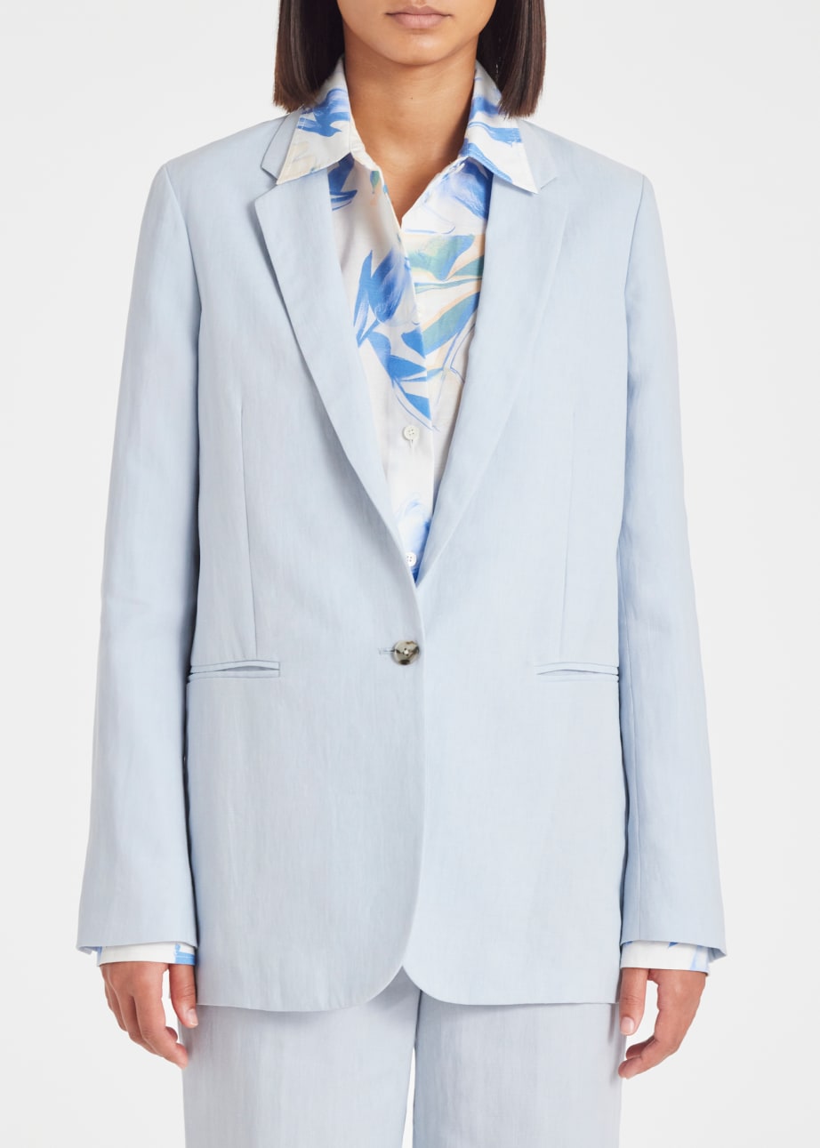 Model View - Women's Pale Blue Linen One-Button Suit by Paul Smith