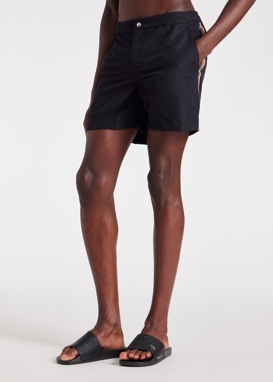 Model View - Black Recycled-Polyester 'Signature Stripe' Swim Shorts Paul Smith