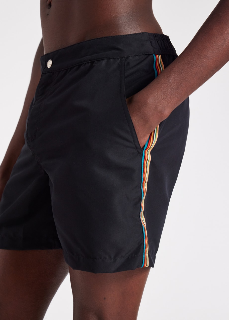 Model View - Black Recycled-Polyester 'Signature Stripe' Swim Shorts Paul Smith