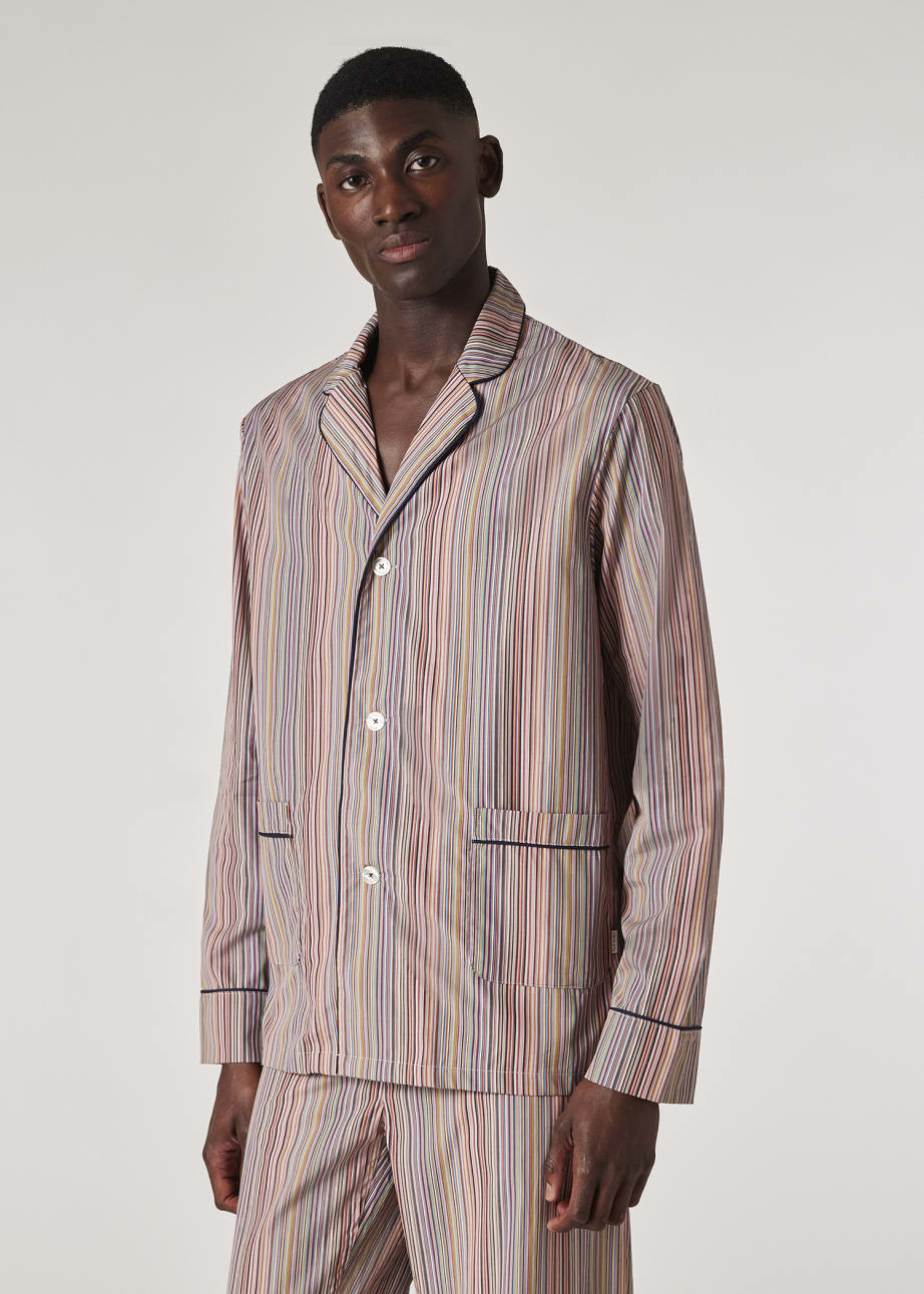 Model View - 'Signature Stripe' Cotton Pyjama Set With Navy Trims Gift Box Set Paul Smith