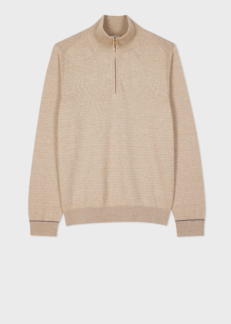 Front View - Oatmeal Cotton-Linen Zip-Neck Sweater Paul Smith