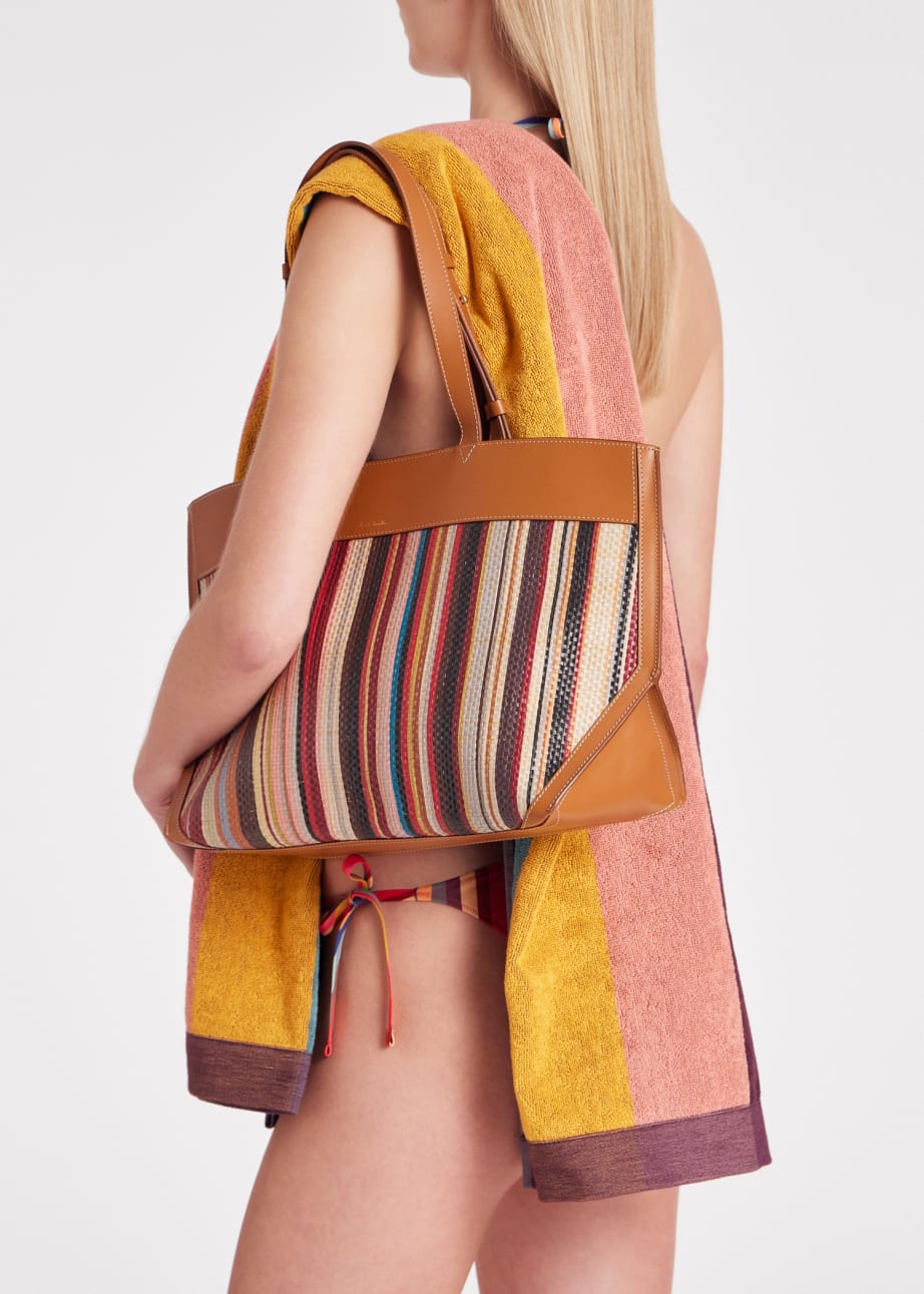 Model View - Women's 'Signature Stripe' Raffia Tote Bag Paul Smith