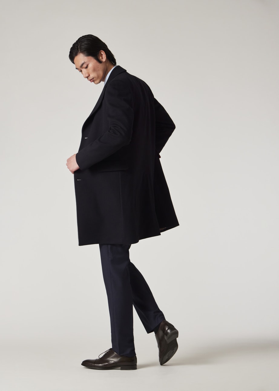 Model View - Navy Wool-Cashmere Epsom Coat Paul Smith