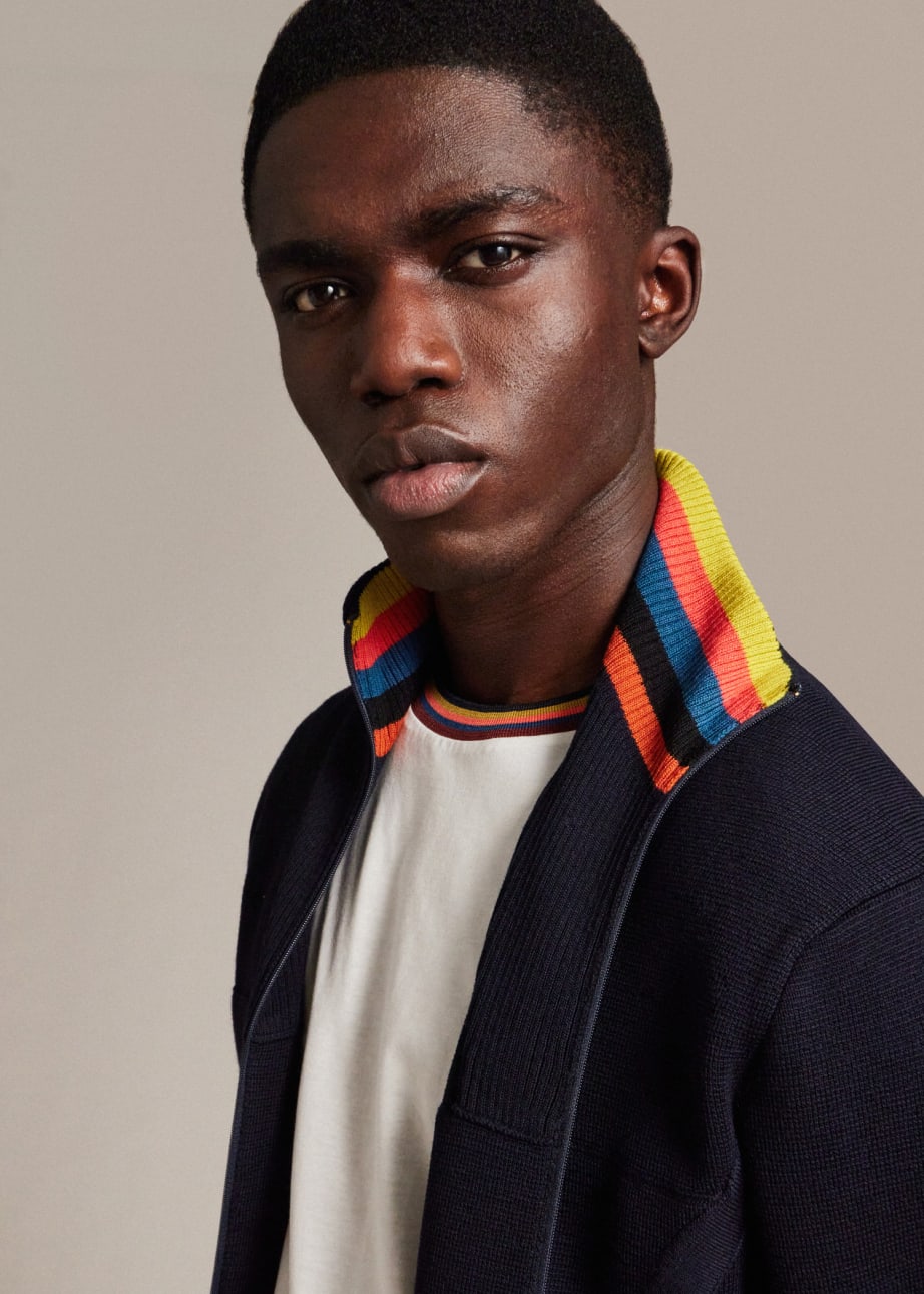 Men s Navy Wool Artist Stripe Bomber Jacket