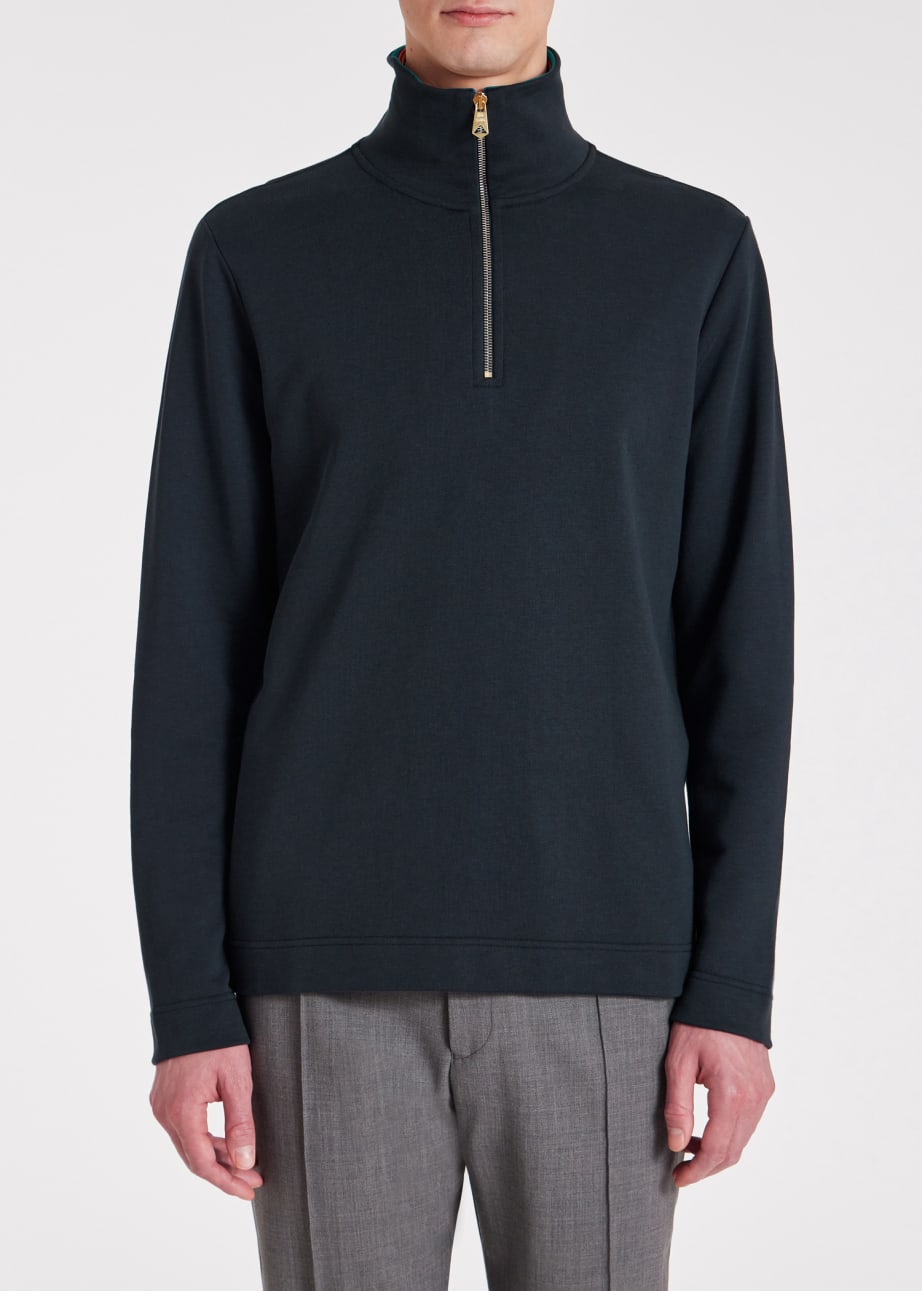 Model View - Navy Cotton-Blend Zip-Neck Sweatshirt Paul Smith