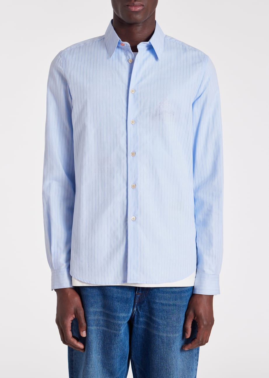 Model View - Tailored-Fit Light Blue Perforated-Stripe Cotton Shirt Paul Smith