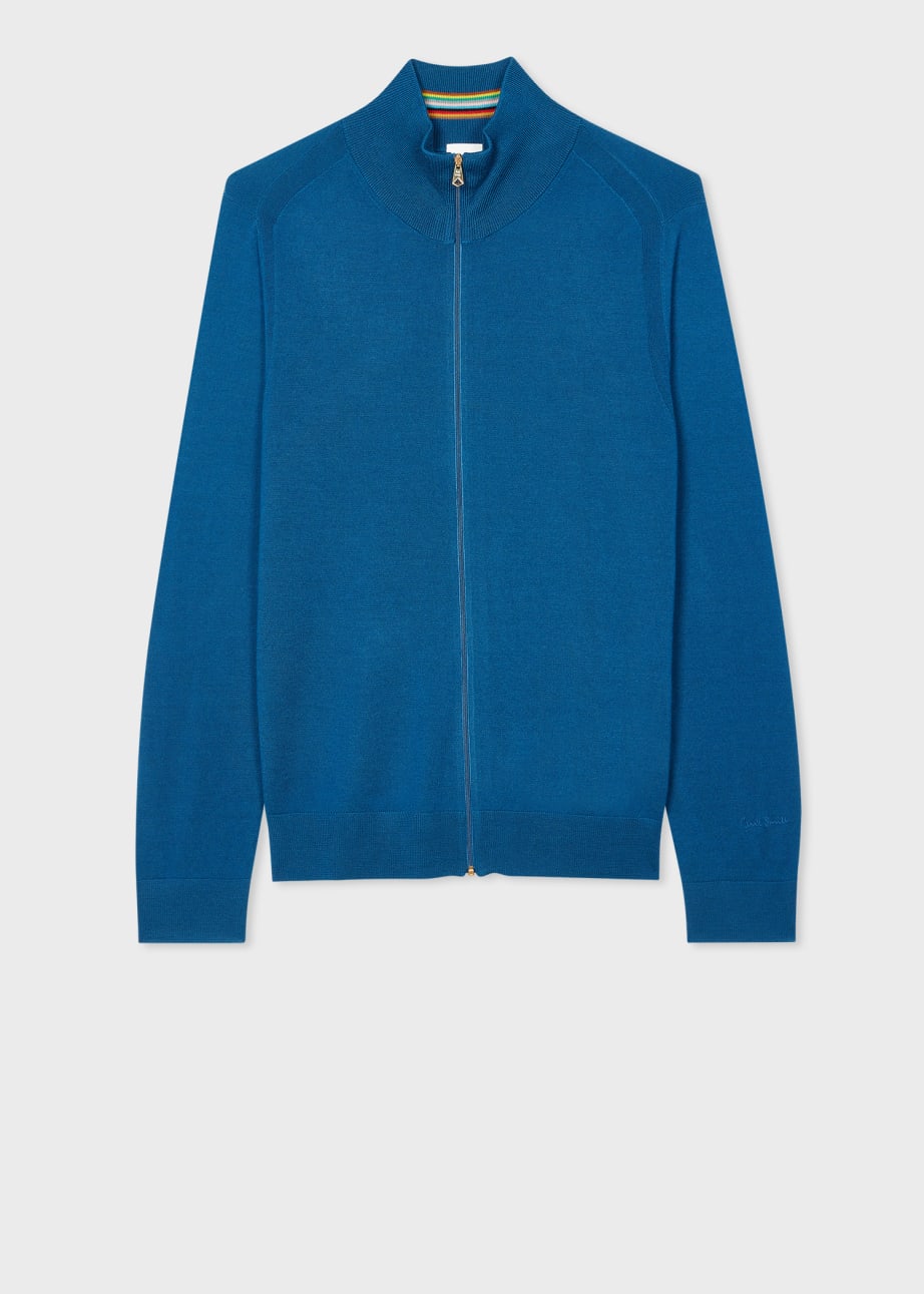 Front View - Mid Blue Merino Wool Full Zip Cardigan Paul Smith