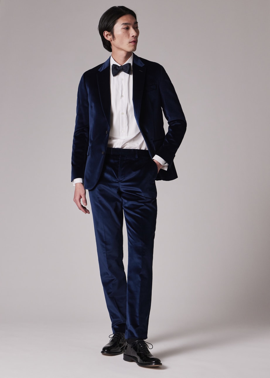 Model View - The Soho - Tailored-Fit Navy Velvet Blazer by Paul Smith