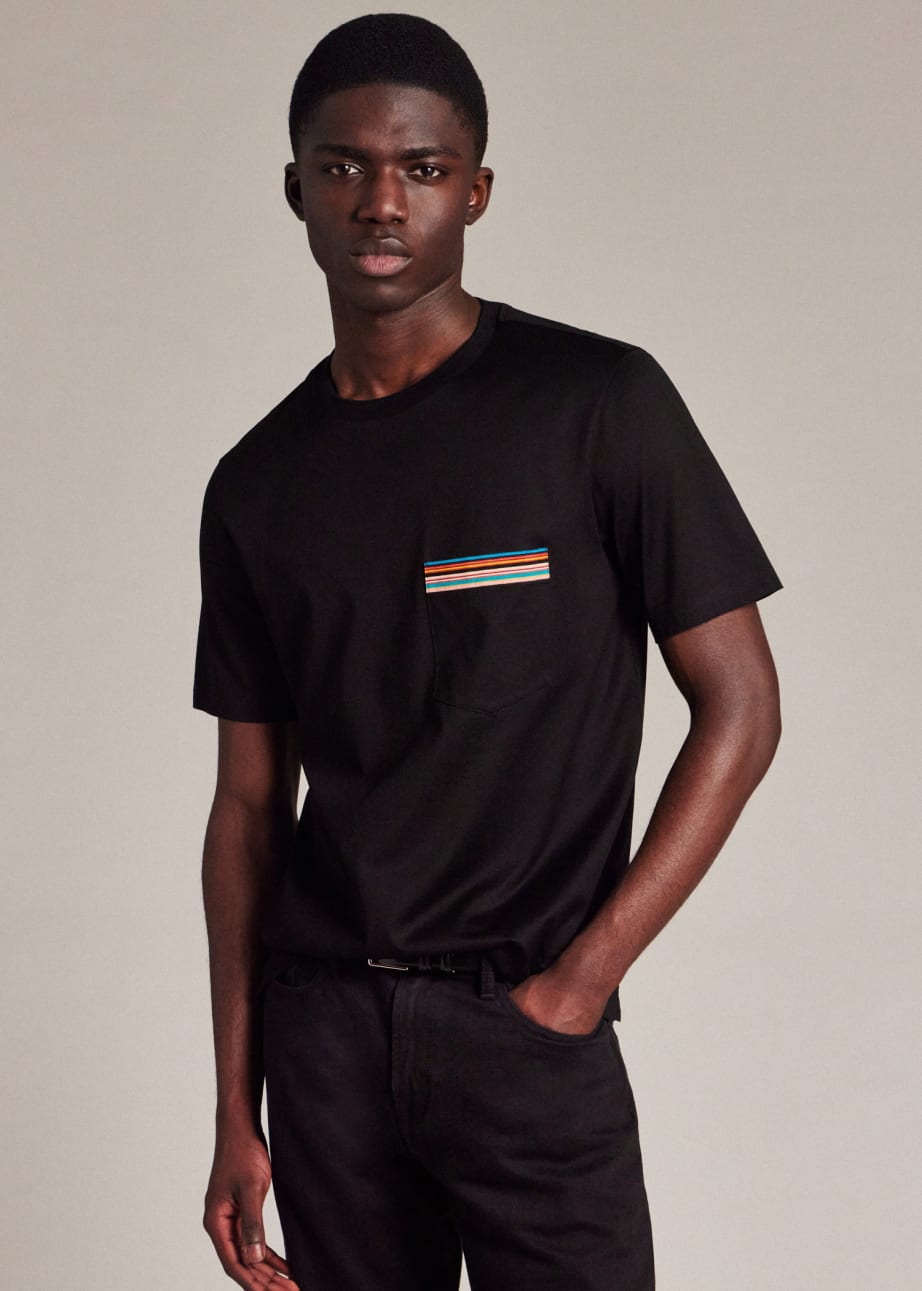 Model front view - - Black 'Signature Stripe' Pocket T-Shirt Paul Smith