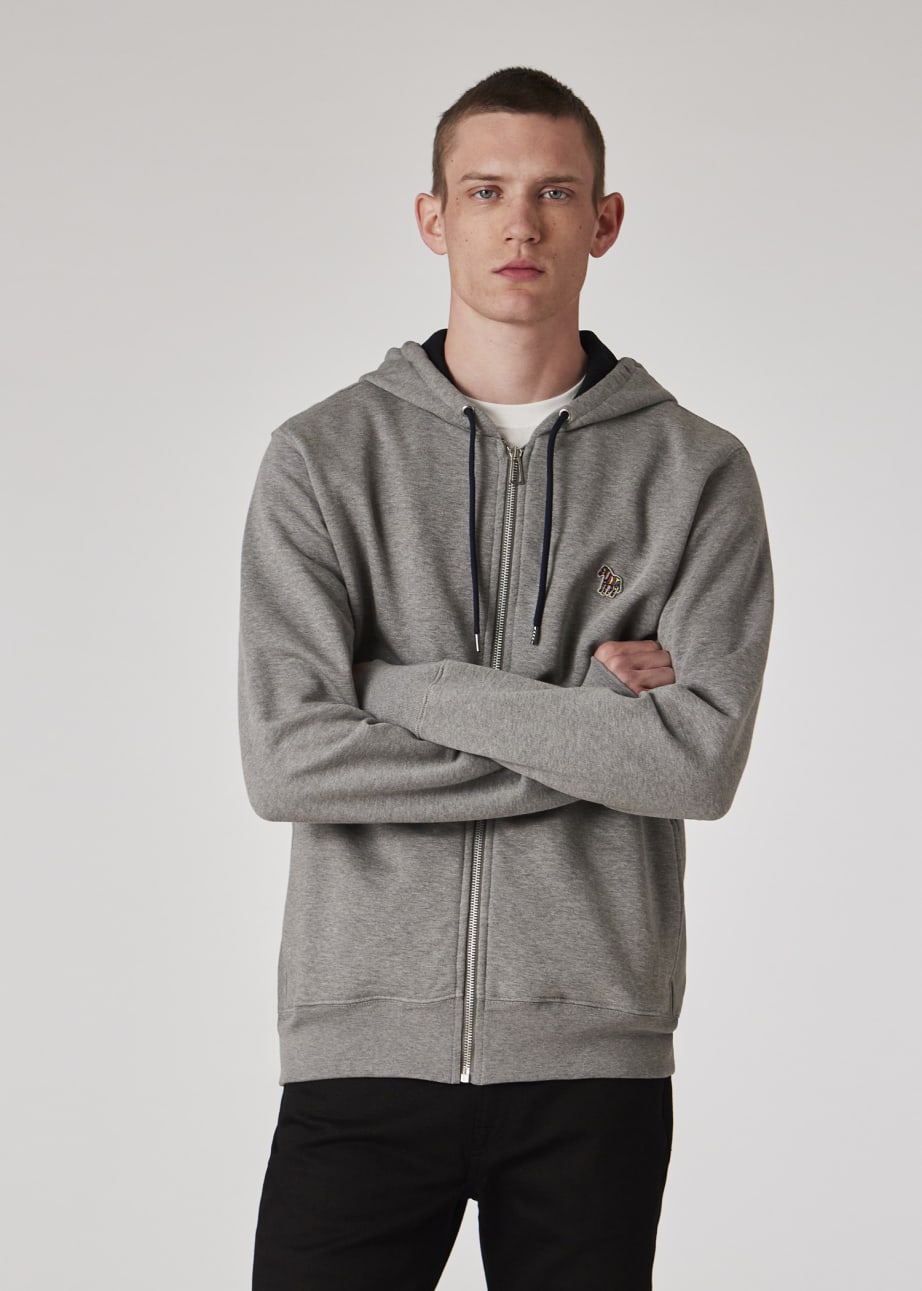 Model View - Grey Cotton Zip-Front Zebra Logo Hoodie