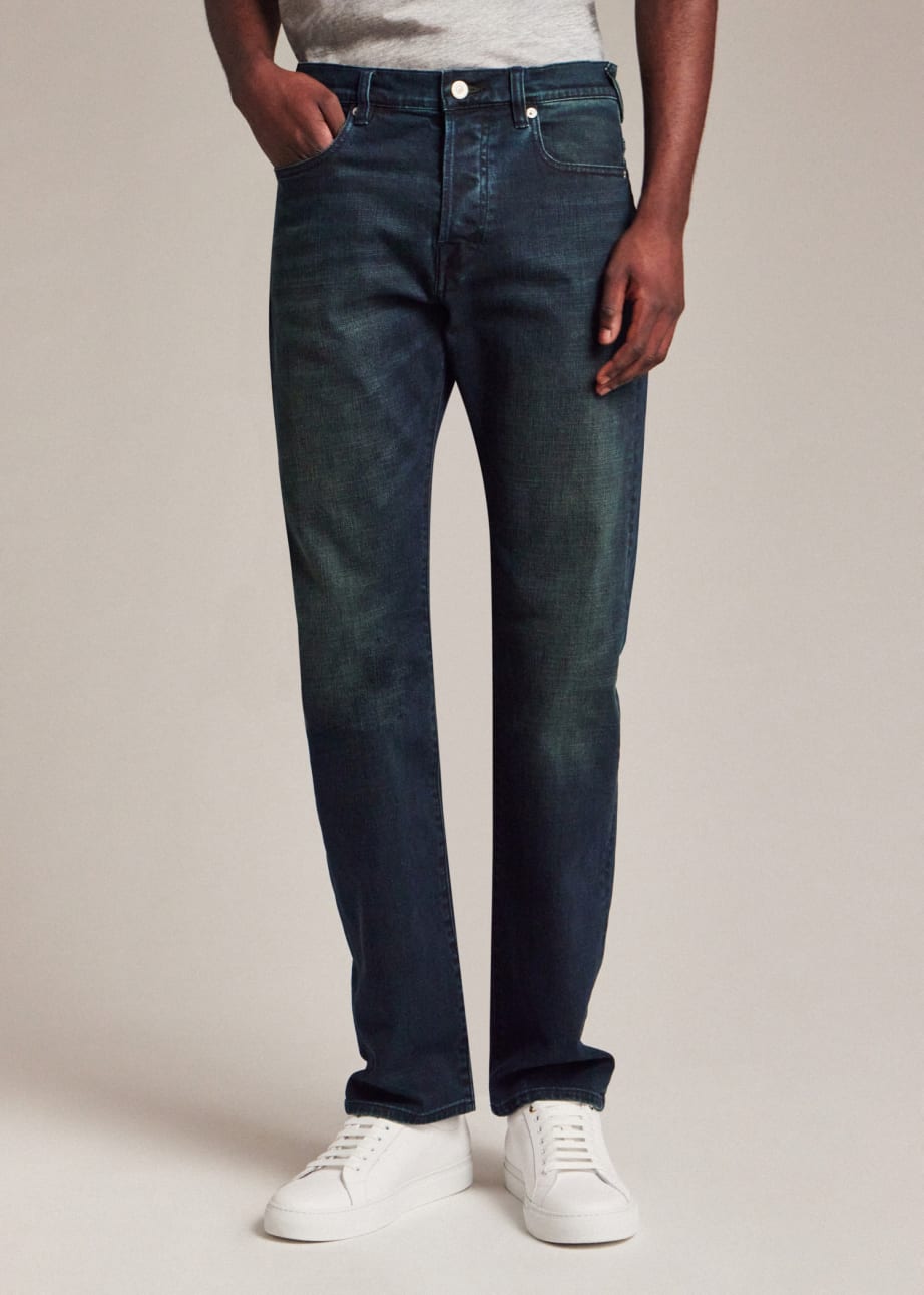 Model Wears - Standard-Fit 'Crosshatch Stretch' Blue Over-Dye Jeans Paul Smith