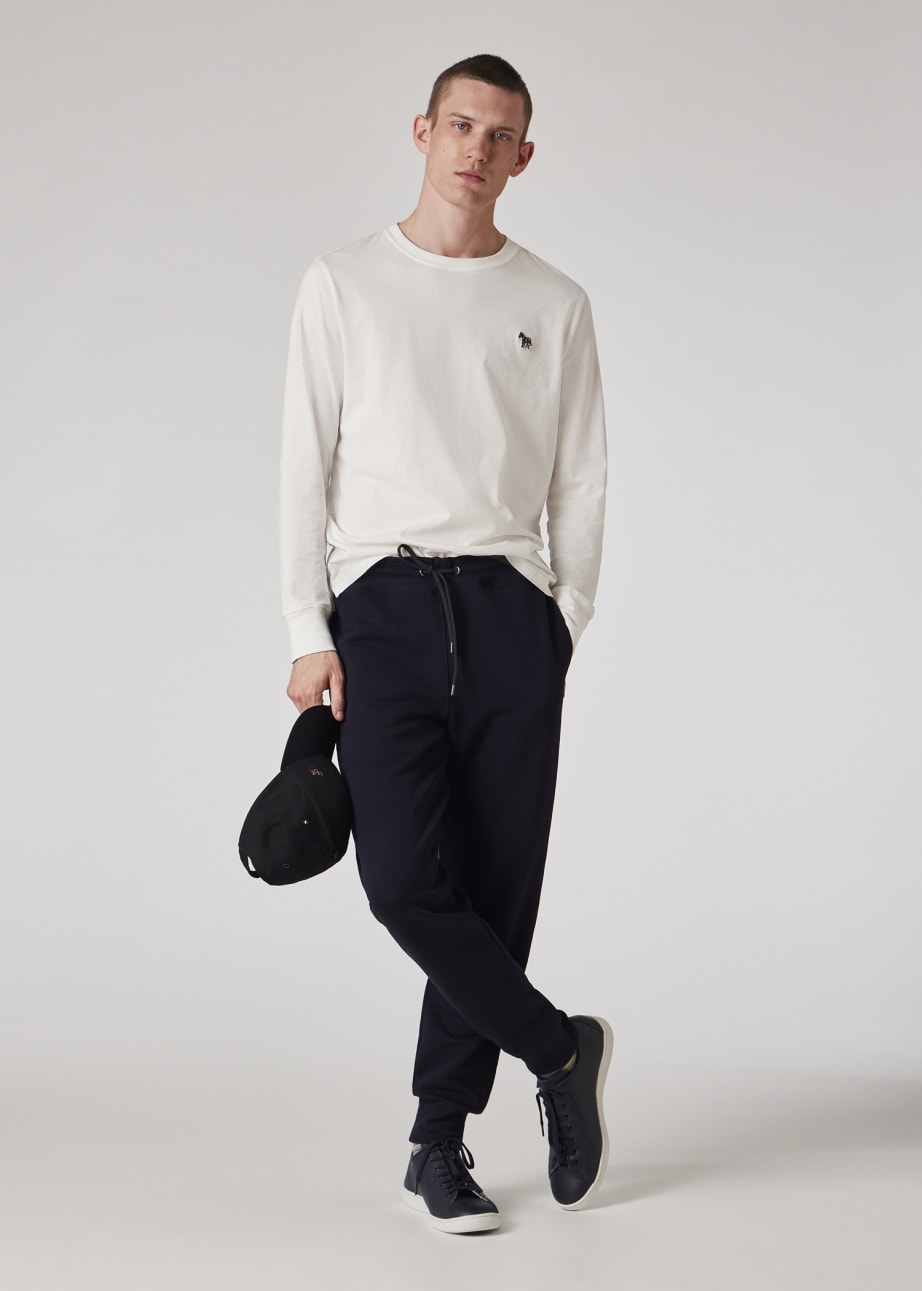 Model View - Tapered-Fit Dark Navy Zebra Logo Cotton Sweatpants Paul Smith