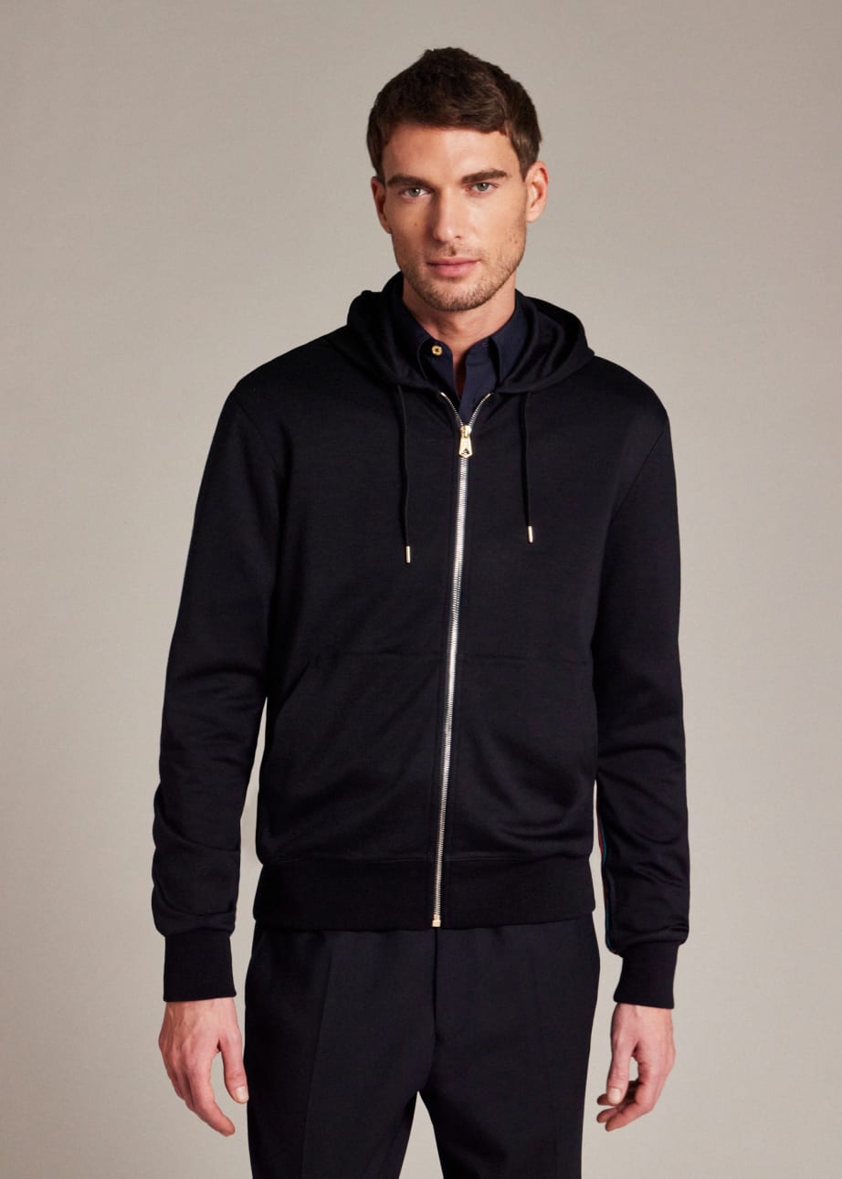 Model View - Navy Zip-Front Washable Wool 'Signature Stripe' Hoodie Paul Smith