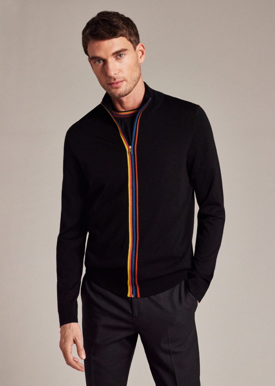 Model View - Black Washable Wool 'Artist Stripe' Zip-Through Cardigan Paul Smith