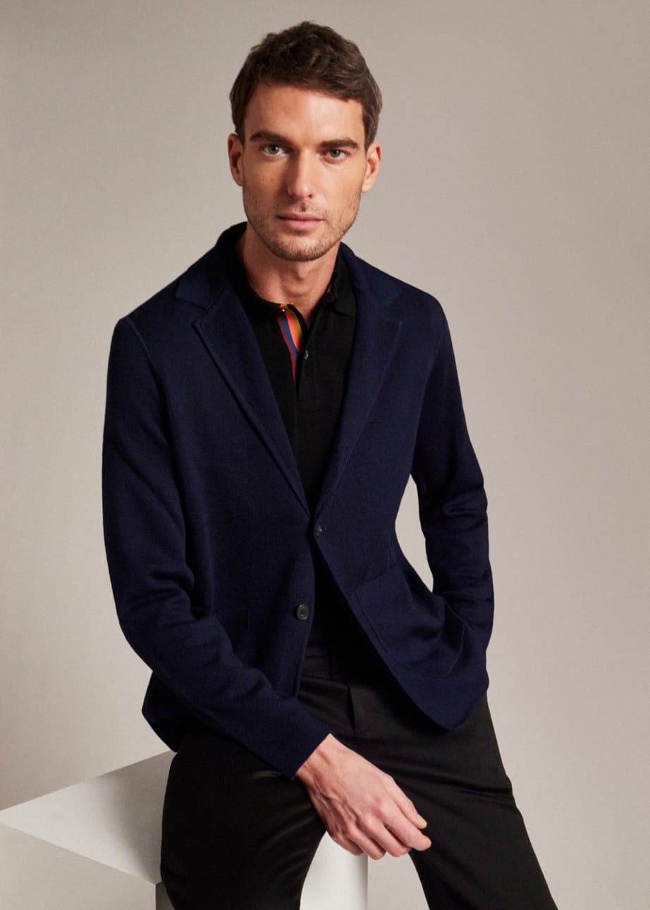 Model View - Dark Navy Merino Wool Cardigan Blazer Paul Smith