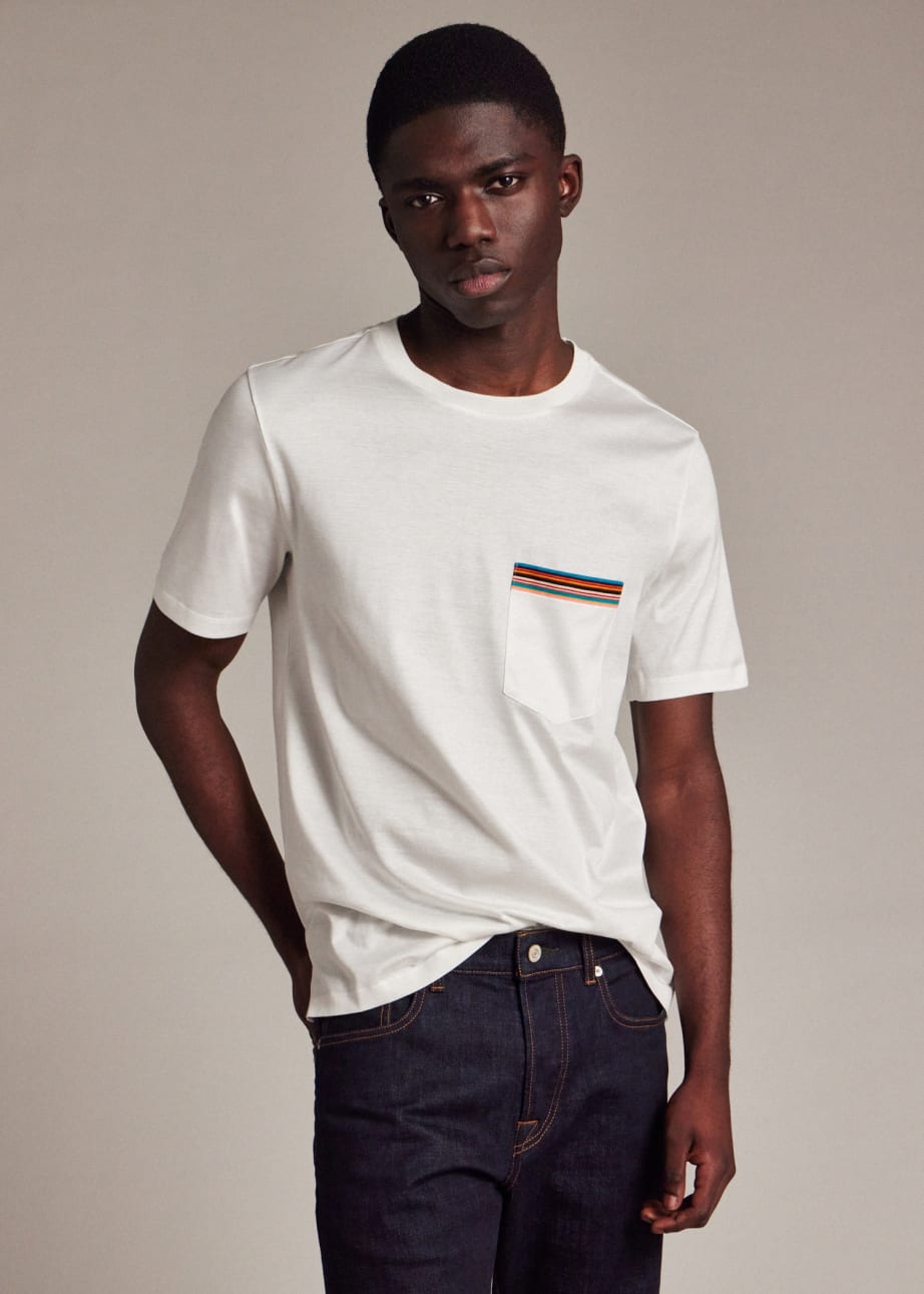 Model View - White 'Signature Stripe' Pocket T-Shirt Paul Smith