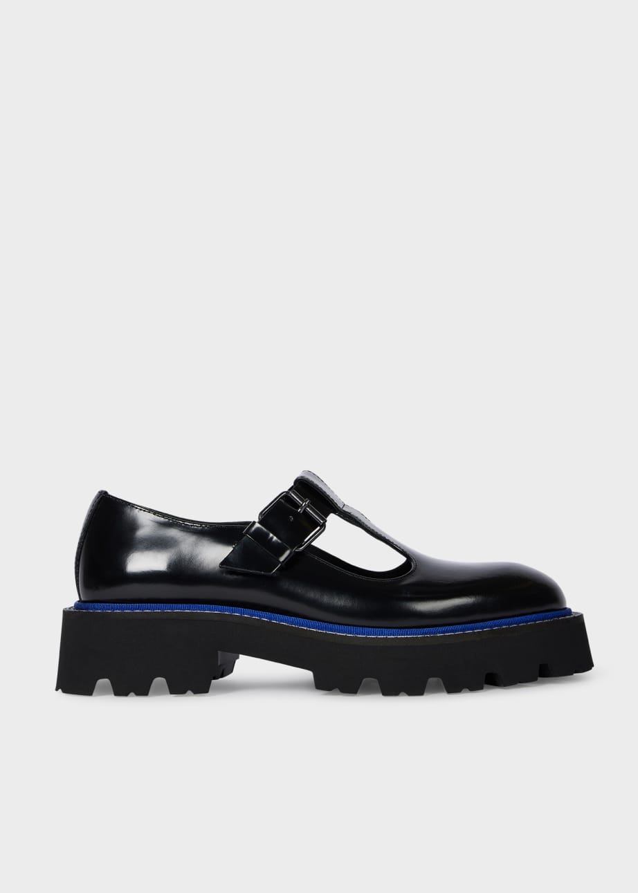 Side View - Women's Black High Shine 'Osaka' Chunky Mary Janes Paul Smith