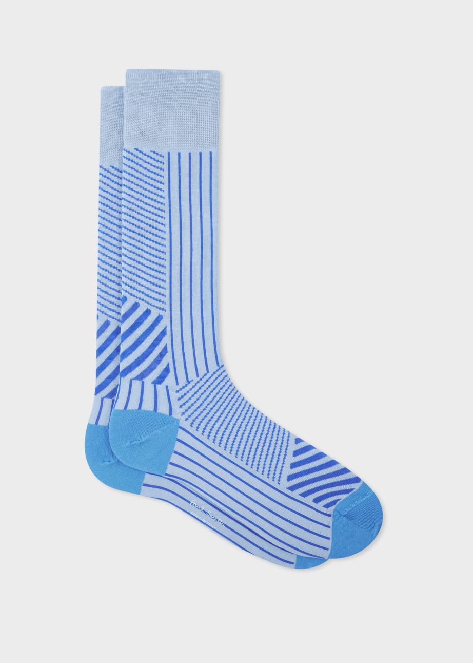 Front View - Light Blue Mixed Stripe Socks Paul Smith