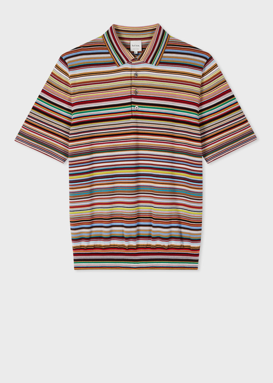 Front View - 'Signature Stripe' Knitted Cotton Polo Shirt