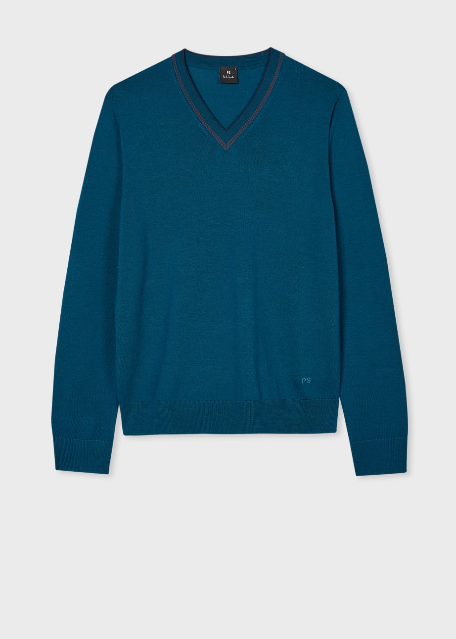 Front View - Cobalt Blue Merino Wool-Blend Contrast V-Neck Sweater Paul Smith