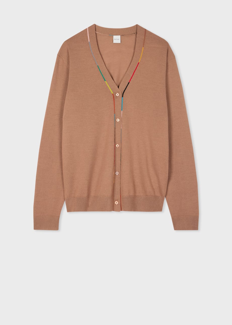 Front View - Women's Taupe Merino Knitted V-Neck Cardigan Paul Smith