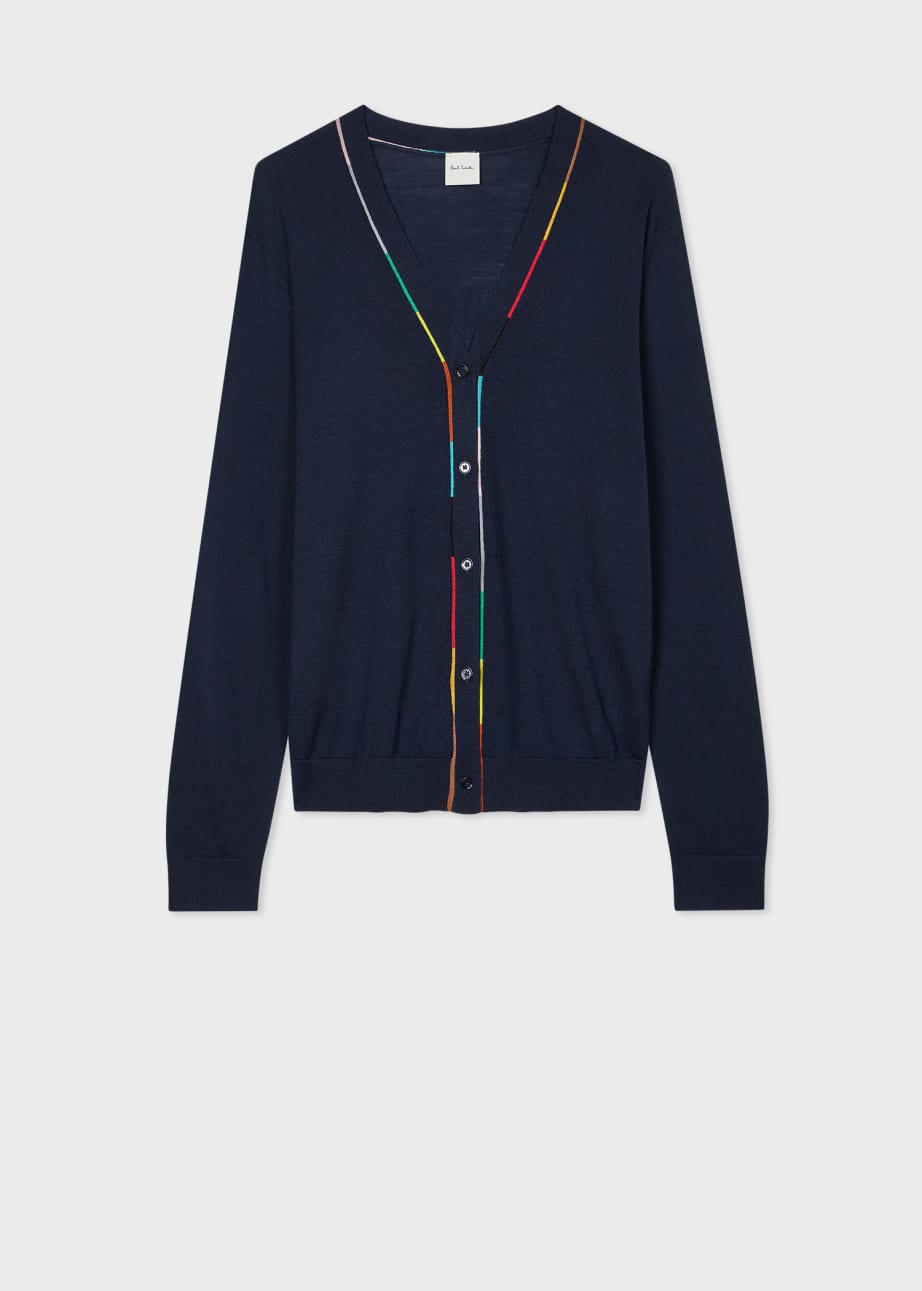 Front View - Women's Navy Merino Knitted V-Neck Cardigan Paul Smith