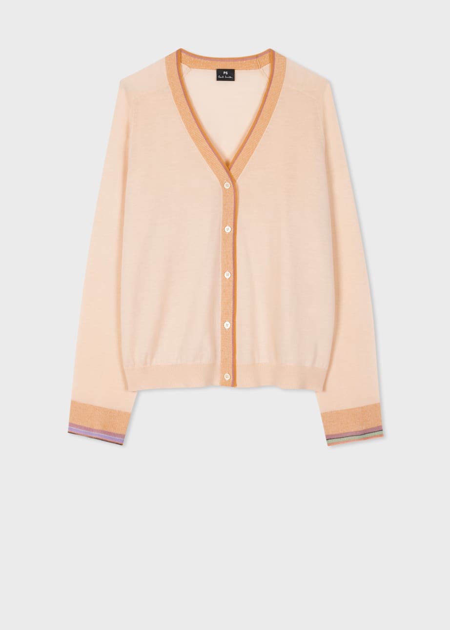 Front View - Women's Cream V-Neck Cardigan with Sheer Trims Paul Smith