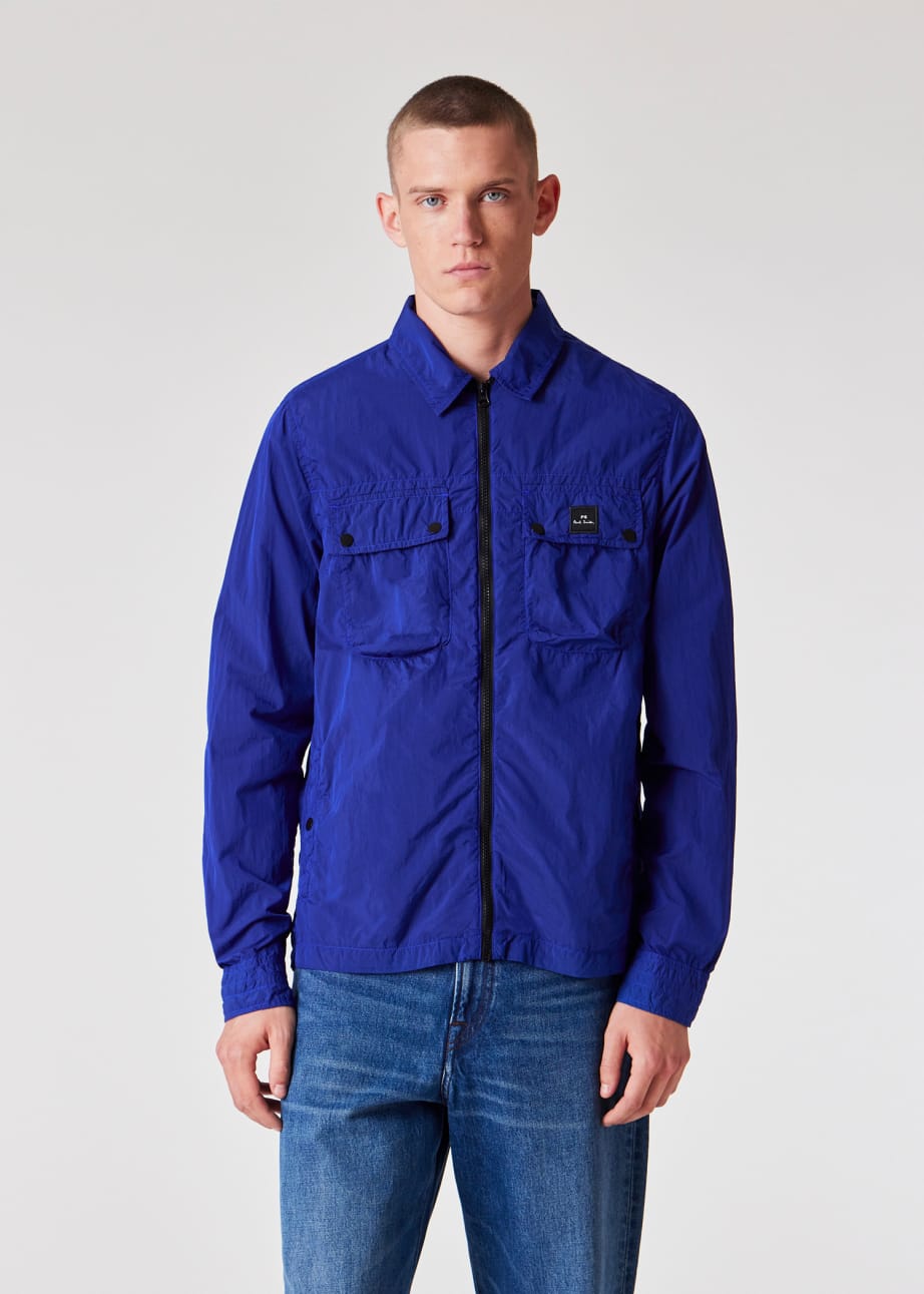 Model View - Cobalt Blue Recycled-Nylon Zip Shirt Jacket Paul Smith